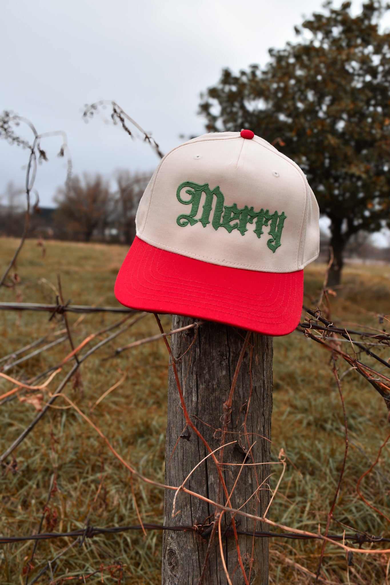 “Merry” Old English Holiday Trucker Hat – Green & Red Edition